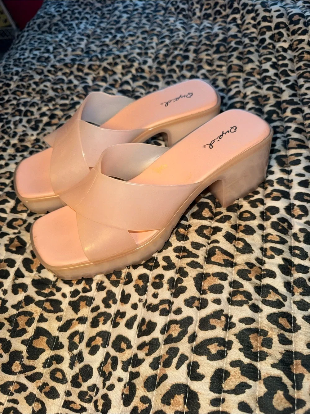 Qupid Blush Pink Crossband Block Heel Slides